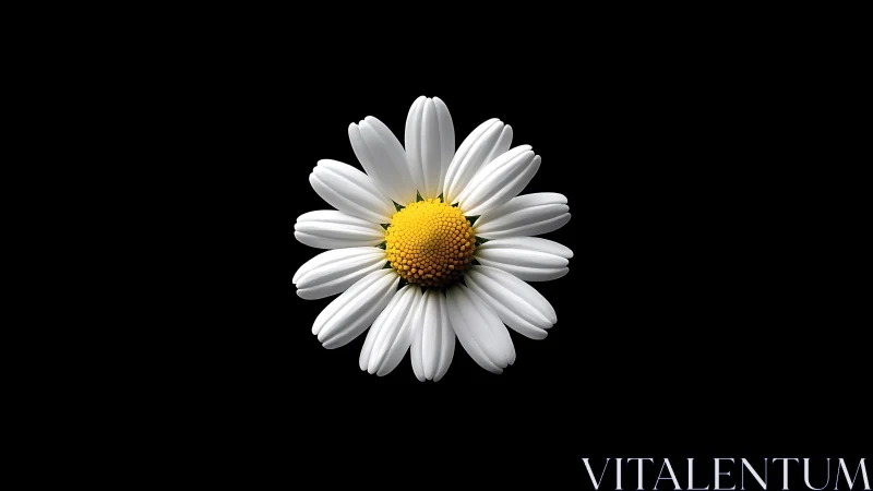 White Daisy with Yellow Center on Black Background.