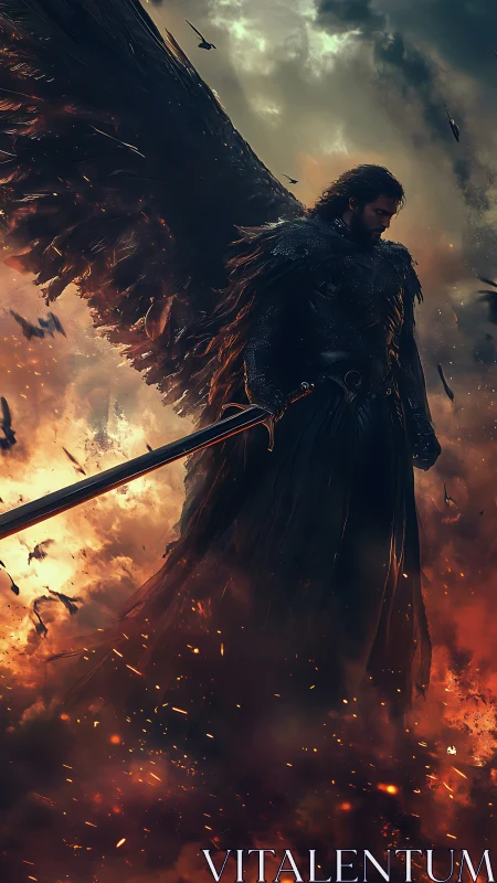 Armored dark-winged angel warrior amid firestorm embers