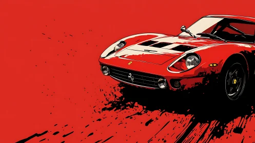 Vintage red sports car racing ahead on bold red canvas.
