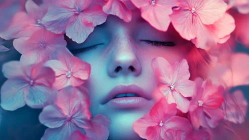 Surreal cyan-magenta portrait with floral facial framing lights