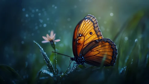 Gentle orange butterfly resting in a dreamy twilight meadow.