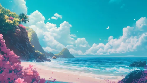 Tropical Paradise Beach with Pink Flowering Cliffs and Turquoise Waters