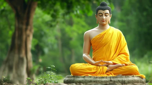 Serene Buddha statue in lotus posture under diffuse forest light