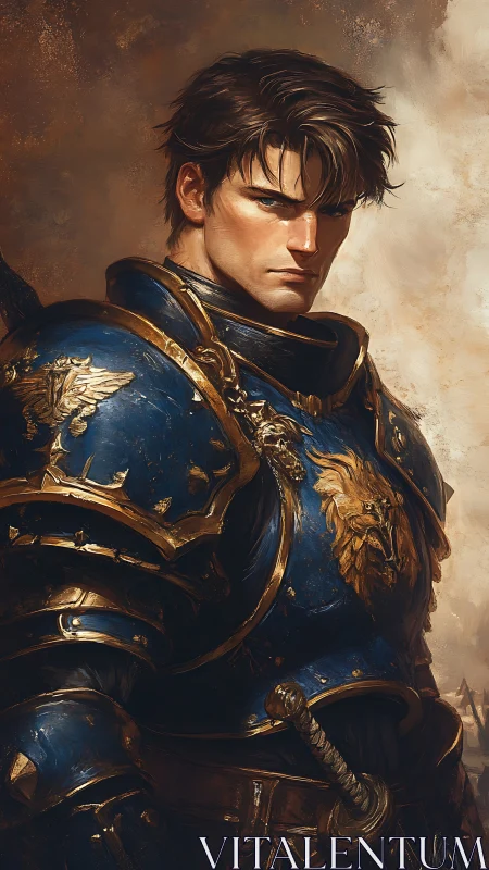 Golden-trimmed blue knight stares ahead in solemn resolve.