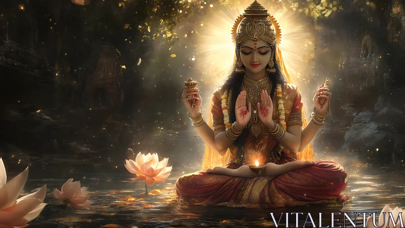 Divine goddess meditation over glowing lotus water temple.