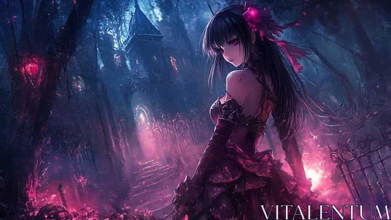 Gothic anime girl guards cursed forest manor in neon dusk.