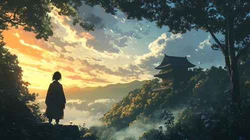 Silhouetted figure observes distant hillside temple at sunrise