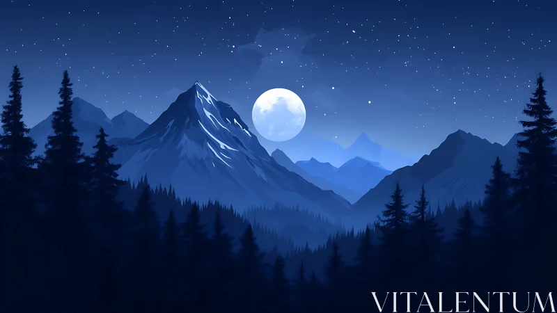 Moonlit mountain forest resting under a calm starry sky.