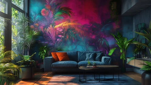 Neon tropical mural behind teal sofa in plant-filled loft