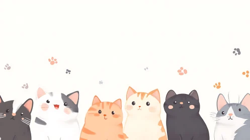 Adorable Cartoon Cats Lineup with Paw Prints.