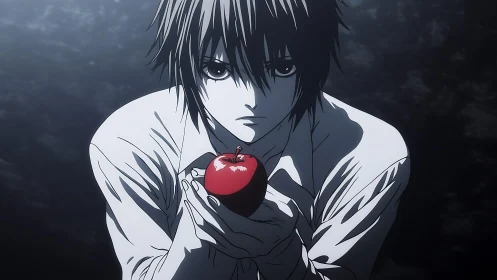 Brooding anime boy offers a crimson apple in moonlit hush.