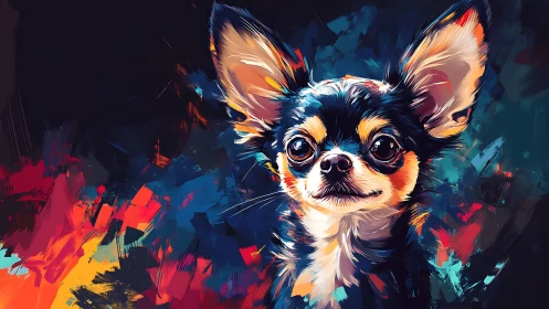 Vibrant digital portrait of longhaired Chihuahua on dark ground