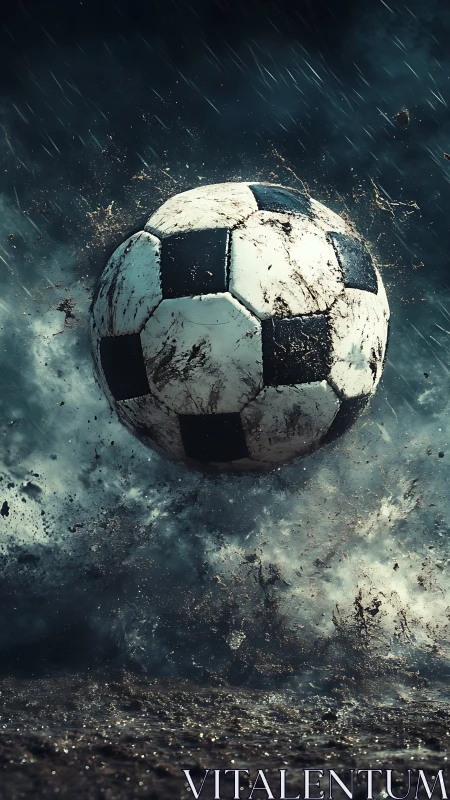 Muddy soccer ball soaring through stormy, heart pounding play.