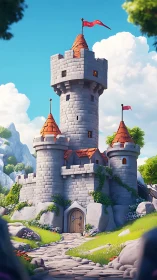 Fairytale stone castle tower rises over lush mountain valley
