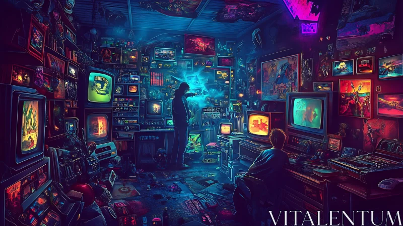 Neon soaked gamer cave crackling with retro techno sorcery.