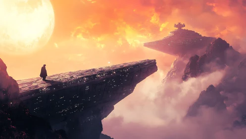 Solitary figure surveys colossal star destroyers at dusk