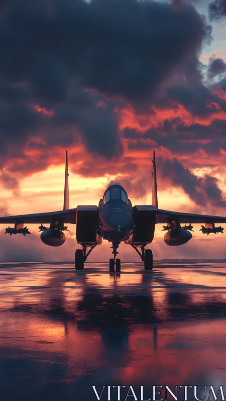 Front-lit fighter jet stands poised on wet runway at dusk