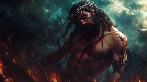 Suffering man in chains amid fire and stormy sky scene.