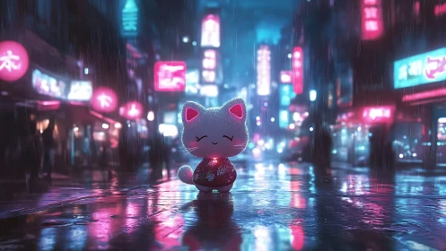 Luminescent lucky cat in neon-saturated cyberpunk rainscape.