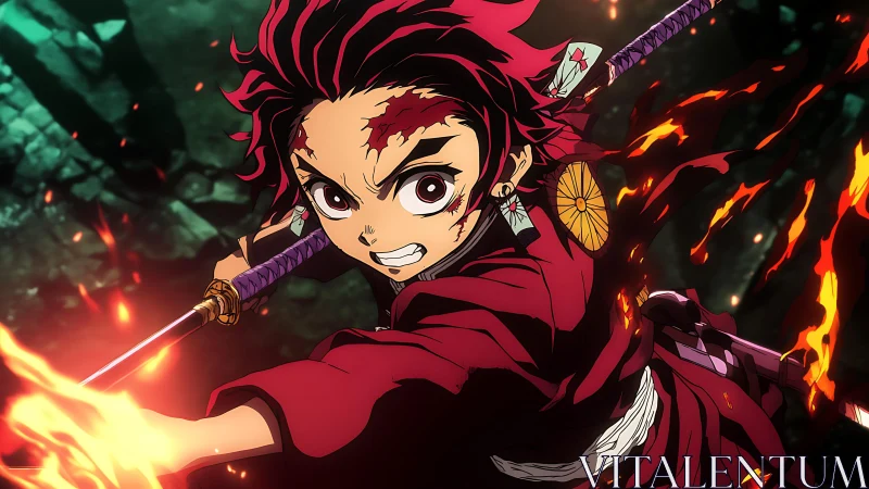 Flaming sword strike by determined anime warrior in battle.