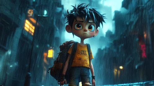 Cinematic 3D character study in neon-soaked rainy alleyway.