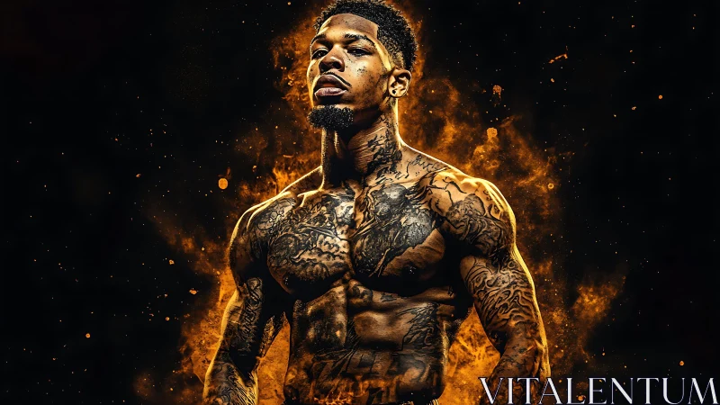 Tattooed Male Figure in Fire Effect Digital Portrait.