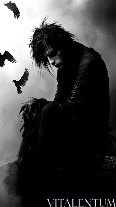 Gothic figure in black with ravens in moody grayscale scene.