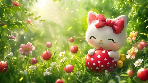 Smiling bow-tied kitten enjoys a sunny polka dot garden dream
