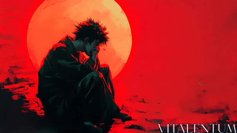 Silhouetted figure studies horizon against oversized crimson sun