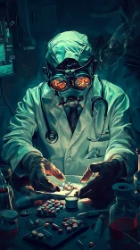 Mad scientist orchestrates glowing pills in toxic midnight lab