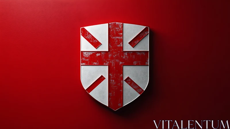 Shield with red cross and diagonal bars on red ground.