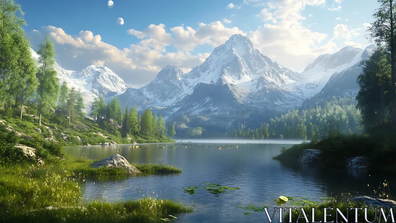 Snow-capped mountains rise above tranquil alpine lake at dawn.