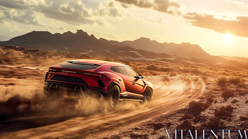 High-performance red SUV drifting through sunlit desert track