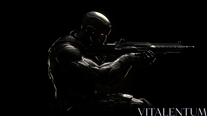 Armored humanoid figure aims rifle in low key lighting