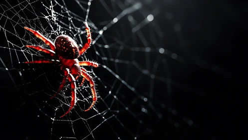 Crimson spider poised on dewy web in stark low-key light.