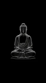 Minimalist Buddha line art glows on deep black field.