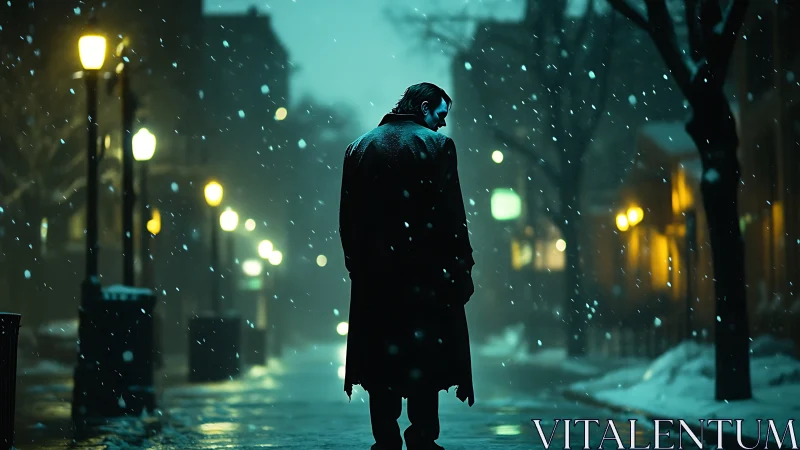 Solitary figure walks through snowy neon city street at night.