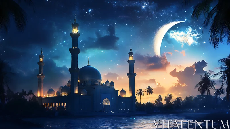 Mosque silhouette under crescent moon and twilight sky.