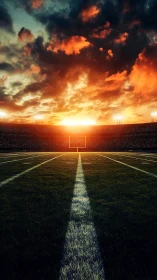 Football stadium field glows under dramatic sunset sky.