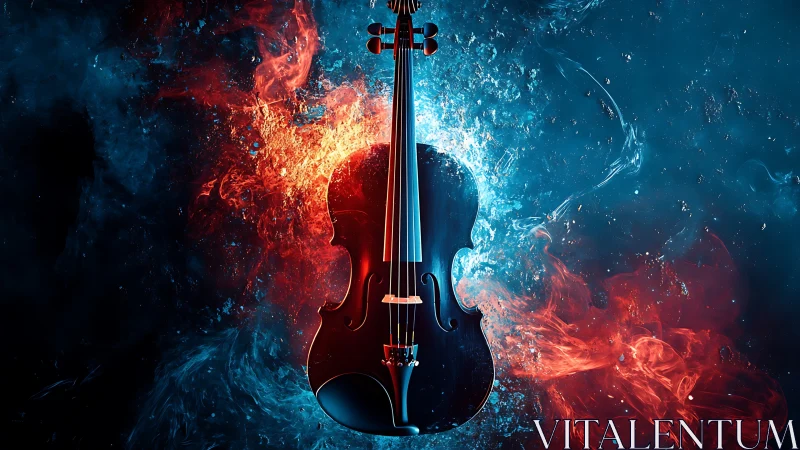 Violin centered amid opposing red fire and blue water.