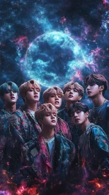 Celestial boy group beneath nebula-wreathed blue planet.