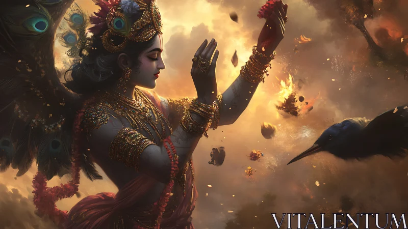 Winged goddess dancing through burning sky and crows.