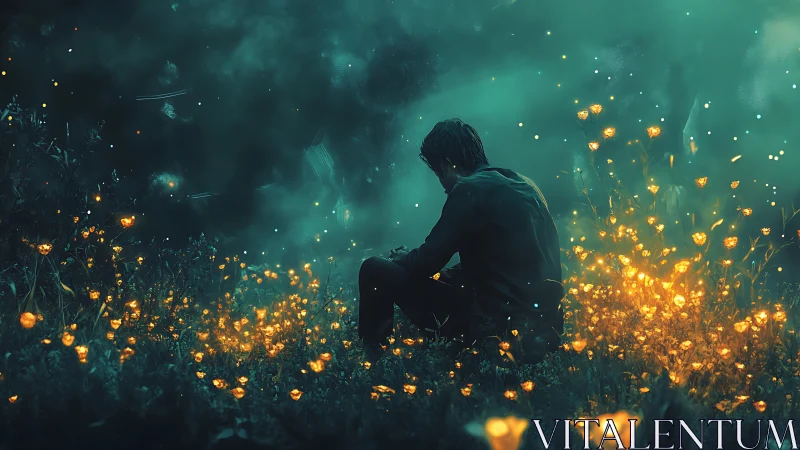 Solitary figure amid bioluminescent meadow under teal haze.