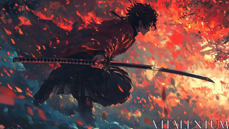 Autumn-lit swordsman poised in a swirl of fiery leaves.