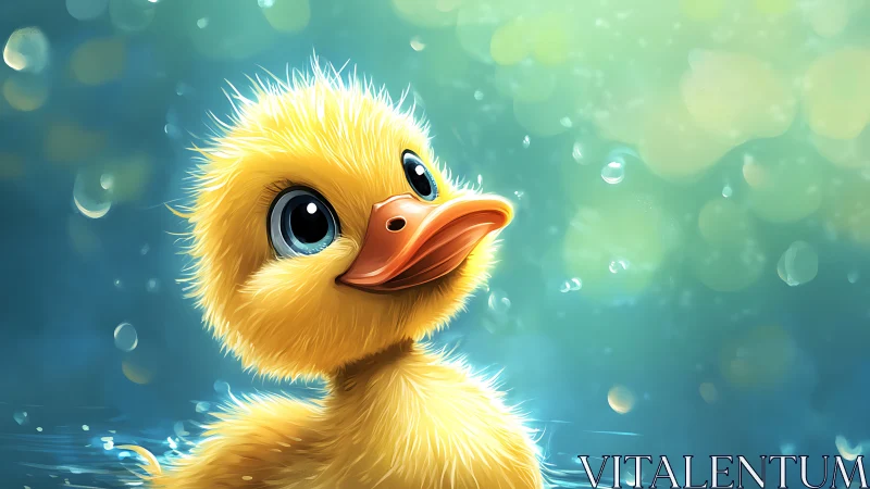 Digital duckling portrait in bright teal water scene.