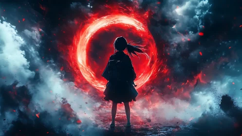 Silhouetted figure stands before luminous red circular portal