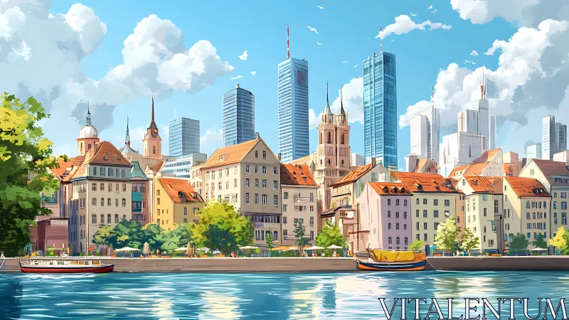 Riverside European cityscape with mixed historic and modern architecture.