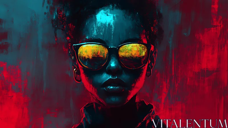 Neon-lit portrait with reflective sunglasses and cyan red glow.