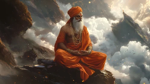 Himalayan sage in orange robes meditating above clouds.