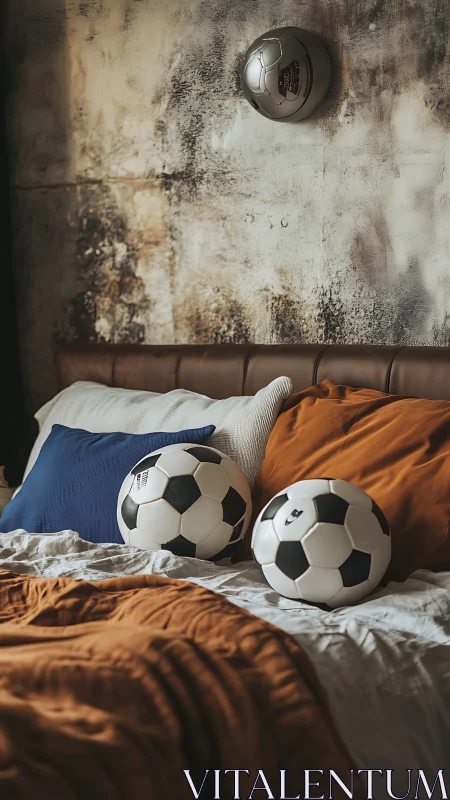 Soccer balls quietly guard a cozy rust-toned bedroom retreat
